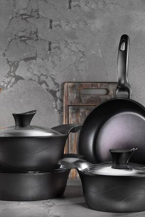 Lidya 7 Parça Döküm Tencere Seti Granit Siyah