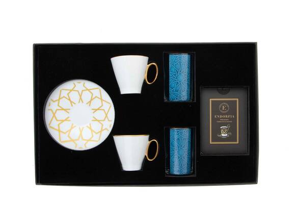İkili Altın Yaldız Kulplu Türk Kahvesi Fincanı ve Mavi Desenli Su Bardağı Türk Kahvesi Hediye Seti