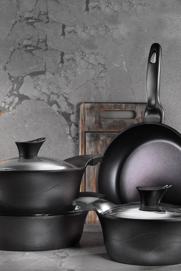 Lidya 7 Parça Döküm Tencere Seti Granit Siyah