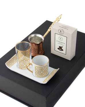 Altın Yaldızlı Türk Kahvesi Fincanı Su Bardağı Bakır Cezve Türk Kahvesi Hediye Seti