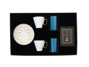 İkili Altın Yaldız Kulplu Türk Kahvesi Fincanı ve Mavi Desenli Su Bardağı Türk Kahvesi Hediye Seti