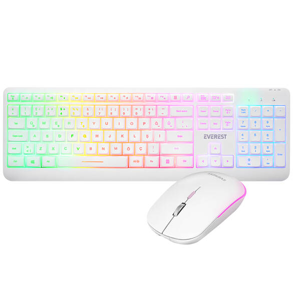 Everest KM-1500 Beyaz Kablosuz Rainbow Aydınlatmalı Q Multimedia Klavye + Mouse Set